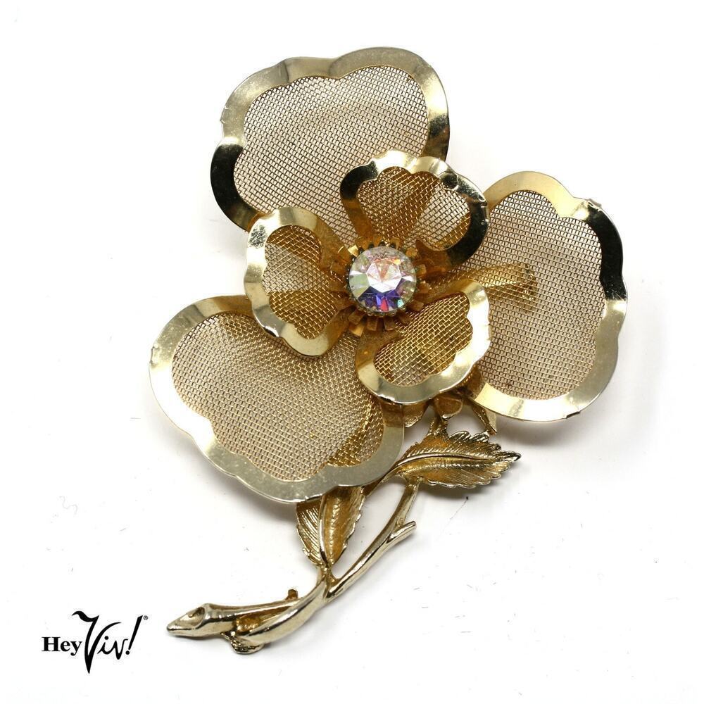Vintage Large Flower Pin Brooch Gold Metal Mesh Statement Piece 3" High -Hey Viv